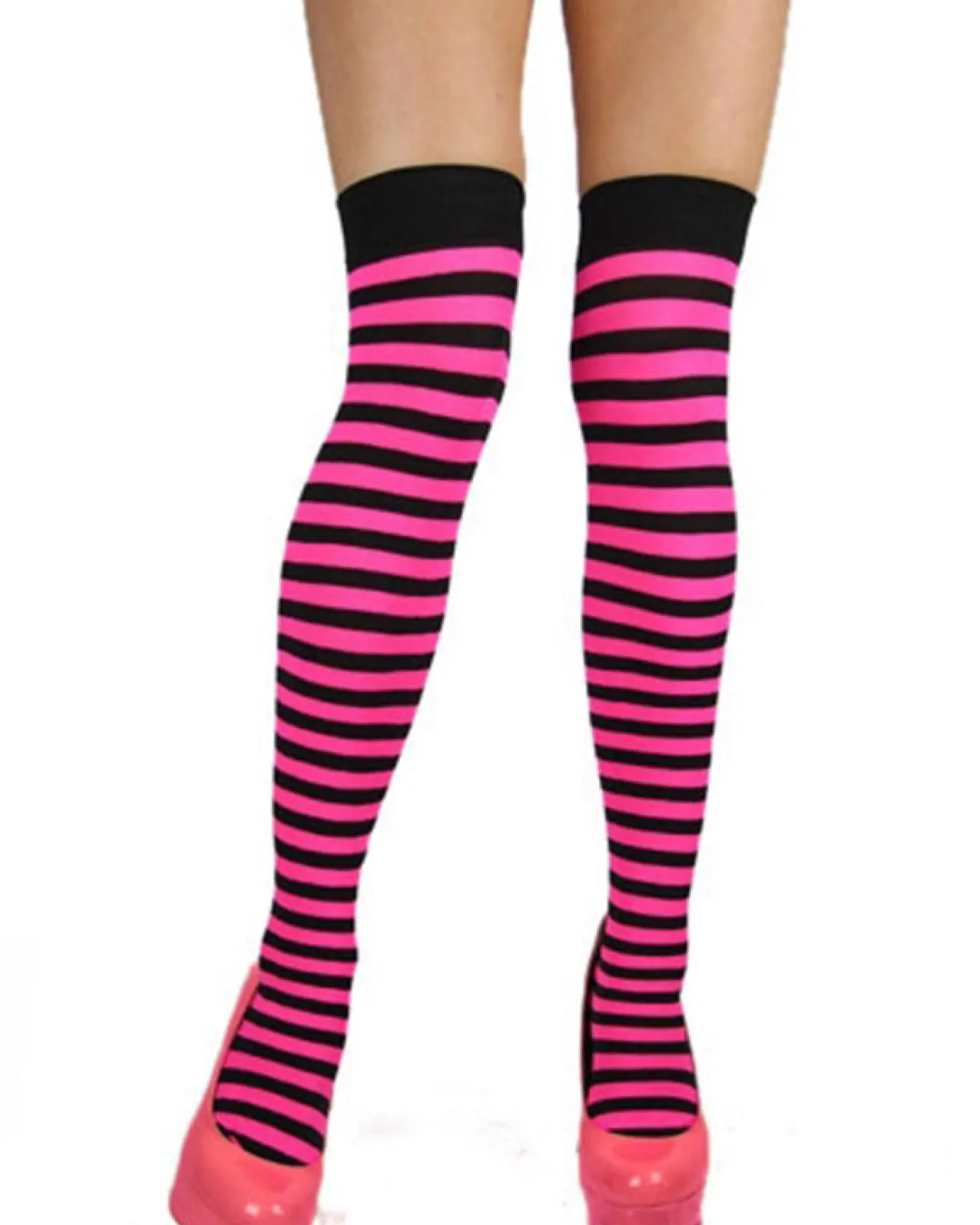 Leg Avenue Black And Neon Pink Striped Thigh High Stockings New