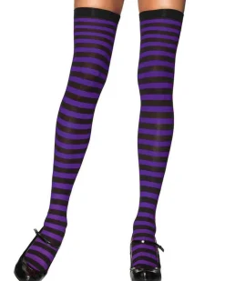 Leg Avenue Black And Purple Stripe Nylon Thigh Highs Clearance