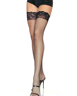 Leg Avenue Black Fishnet Thigh High Stockings With Lace Top Fashion