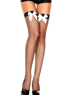 Leg Avenue Black Fishnet Thigh High Stockings With White Satin Bow Hot