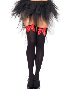 Leg Avenue Black Opaque Thigh High Stockings With Red Satin Bow Fashion