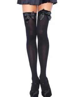 Leg Avenue Black Opaque Thigh High Stay Ups With Satin Bow Plus Size Sale