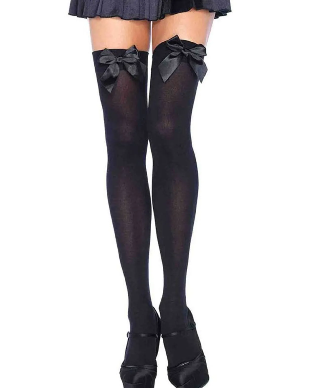 Leg Avenue Black Opaque Thigh High Stay Ups With Satin Bow Plus Size Sale