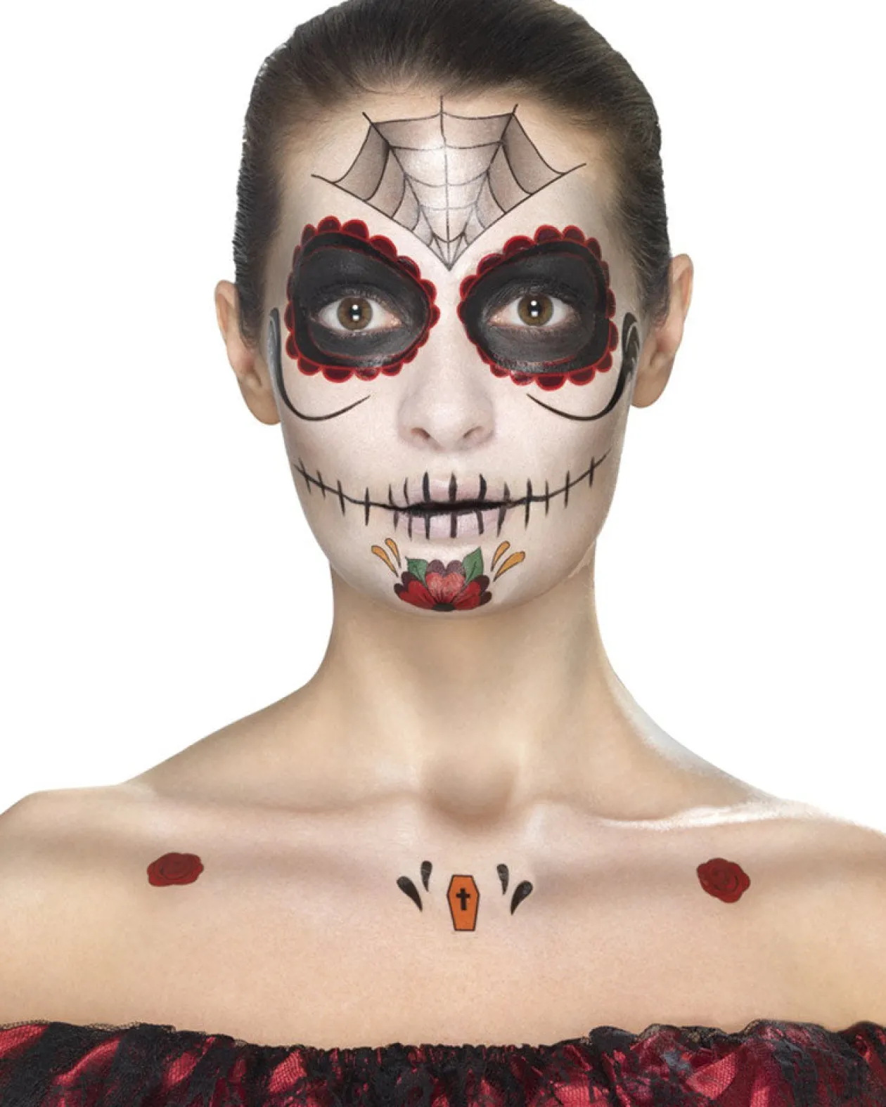 Smiffys Day Of The Dead Face Tattoo Transfers Kit Black And Red Cheap