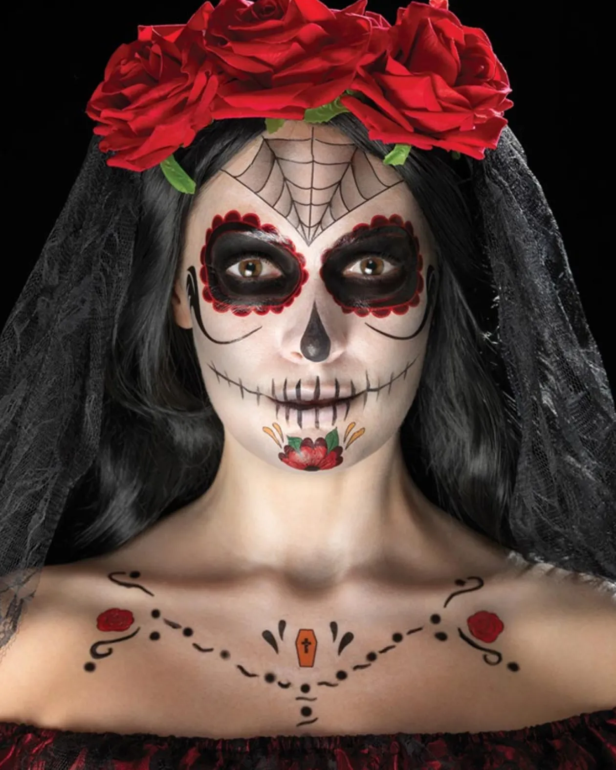 Smiffys Day Of The Dead Face Tattoo Transfers Kit Black And Red Cheap