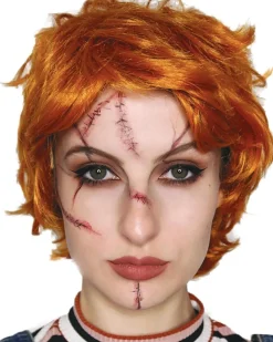 The Wig Outlet Evil Doll Orange And Red Wig With Scar Tattoos Set Shop