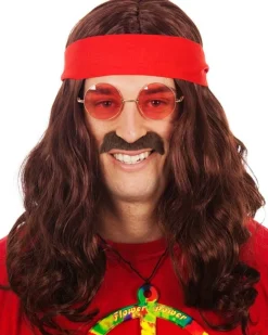 Allaura Wigs and Hair Hippie With Red Headband Brown Wig Fashion