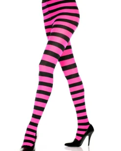 Leg Avenue Neon Pink And Black Striped Tights Cheap