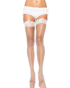Leg Avenue White Fishnet Thigh High Stockings With Lace Top Sale