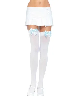 Leg Avenue White Opaque Thigh High Stockings With Baby Blue Bow Outlet