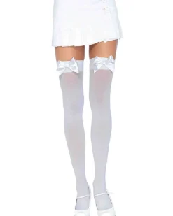 Leg Avenue White Opaque Thigh High Stockings With White Satin Bow Shop