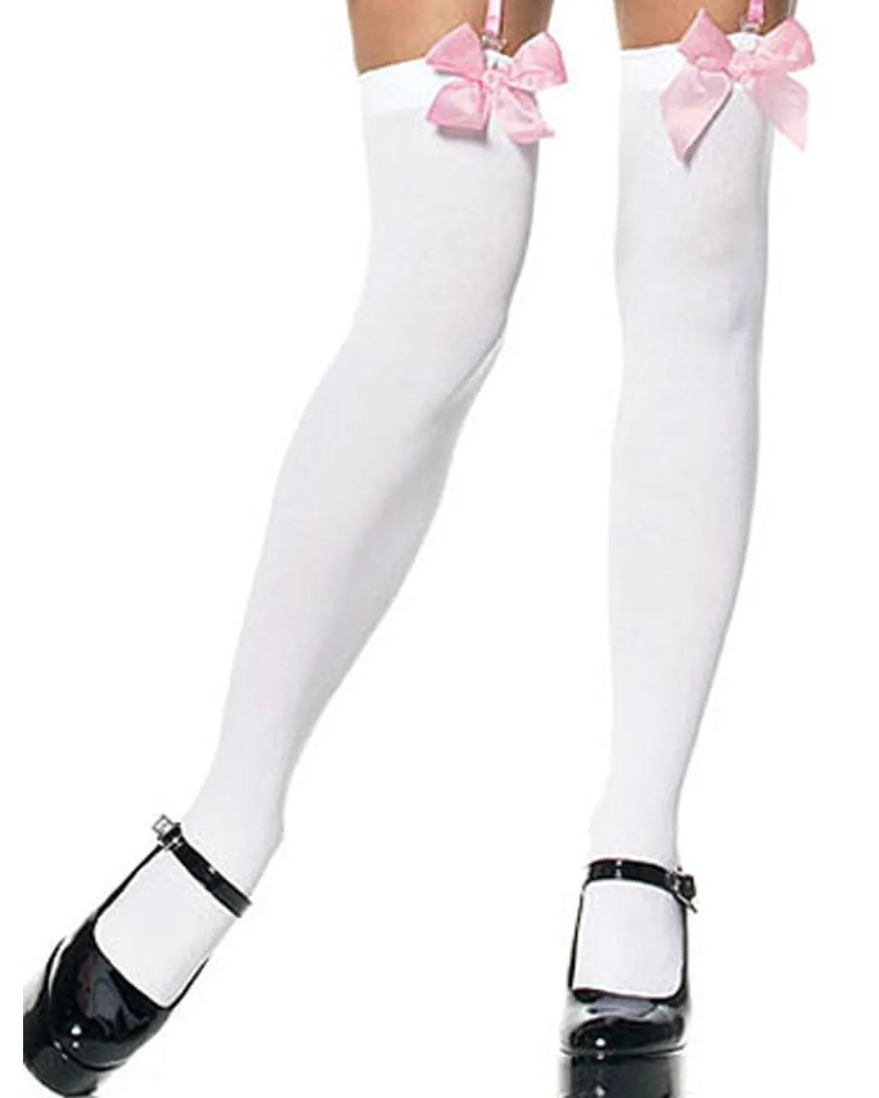 Leg Avenue White Opaque Thigh Highs With Pink Satin Bow Shop