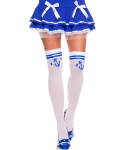 Music Legs White Thigh High Stockings With Blue Anchor Print Store